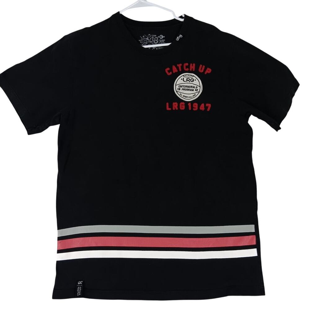 LRG Lifted Research Group Vintage Tee Men L Black Striped Patched 1947 Catch Up